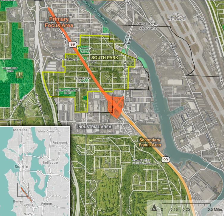 A map of the primary focus area on SR 99 shows how the highway cuts through the center of South Park, dividing the elementary school from the community center and library. 