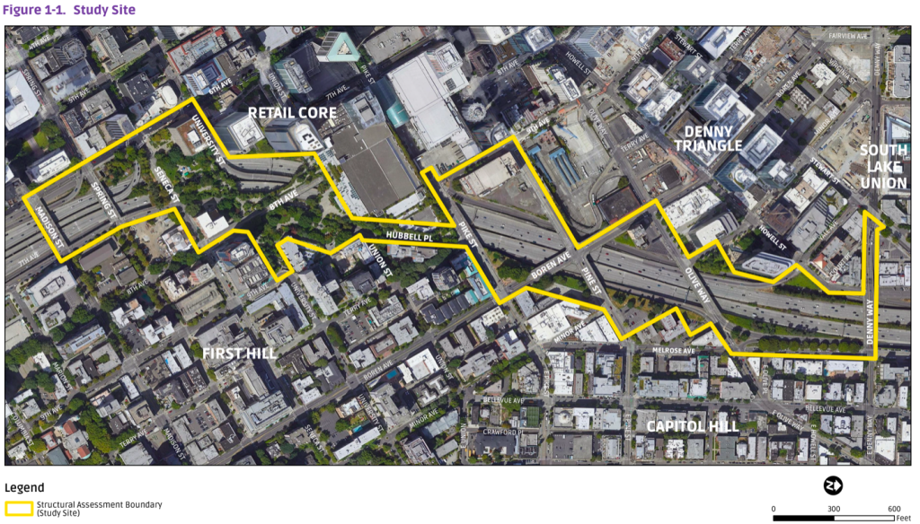 A map of the lid study area on I-5 extends from Madison Street north to Denny Way.