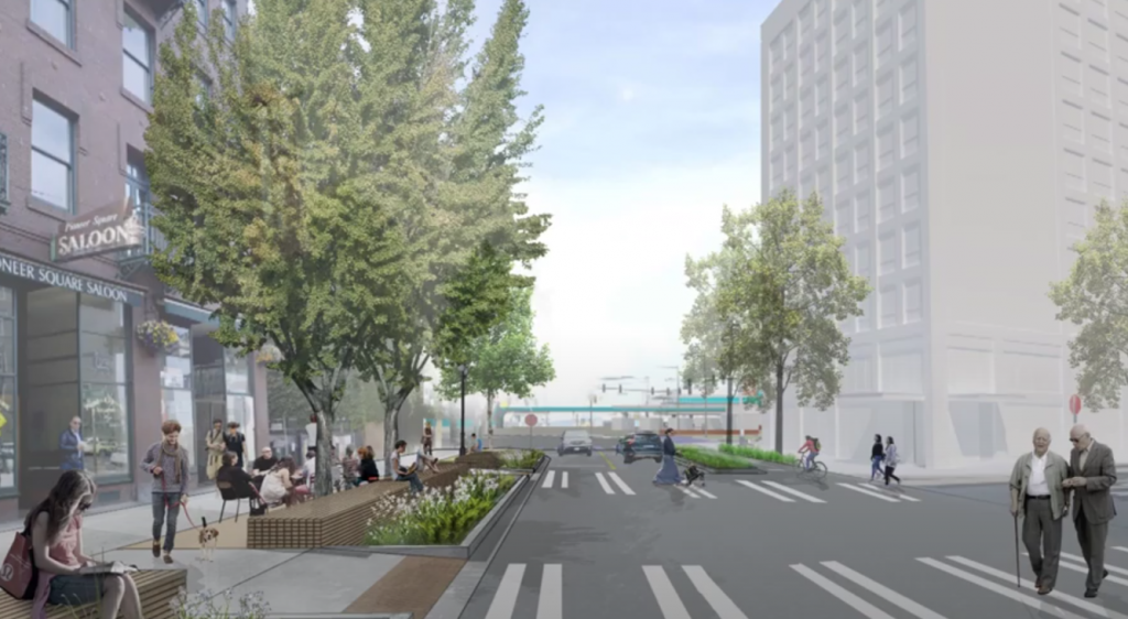 3D rendering of an intersection with people crossing and some seating, with a cyclist entering the short bike lane and cars in the distance not threatening anyone