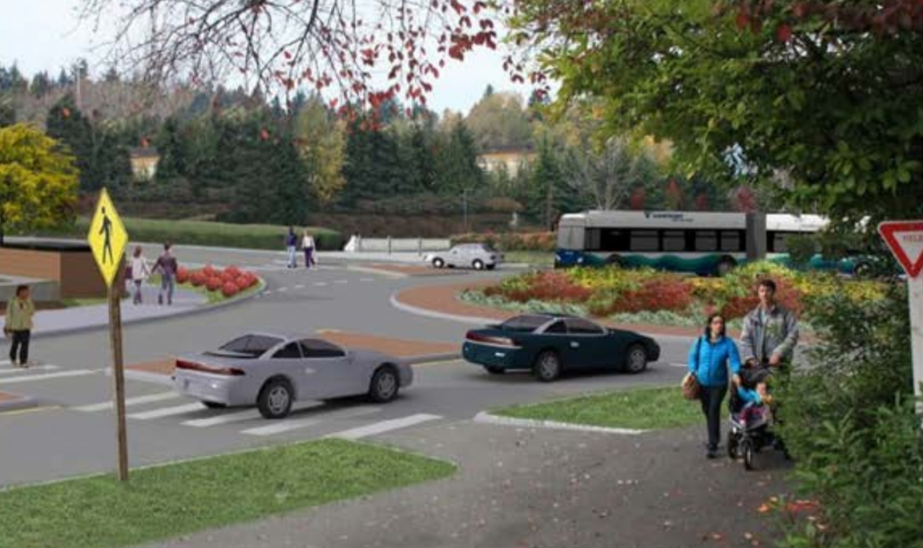 Rendering showing a family pushing a stroller near a roundabout with a Sound Transit express bus coming around the curve