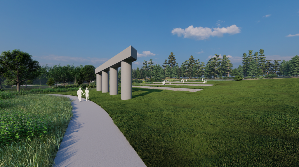 A silhouette of two pedestrians walk next to four columns holding up a horizontal slab in a green park