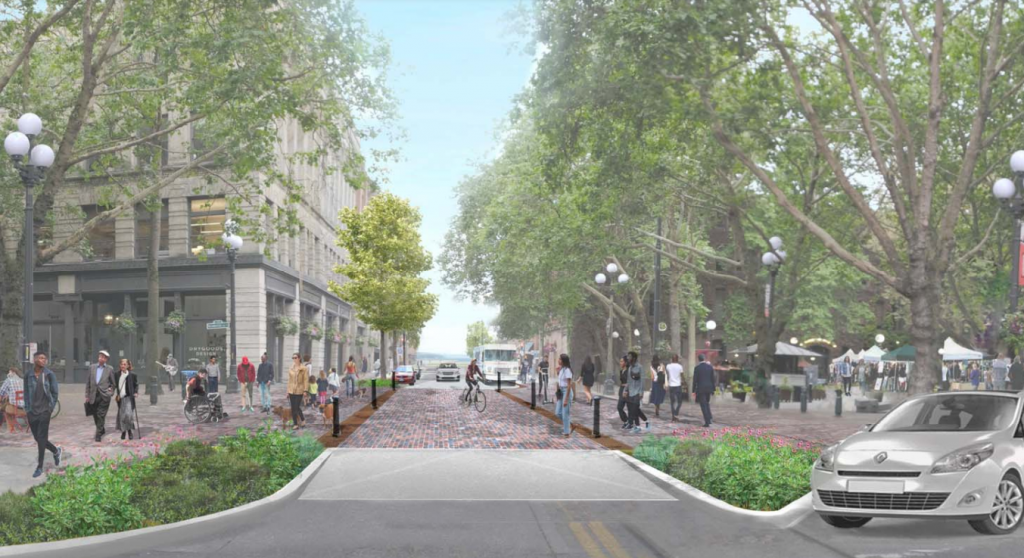 Rendering showing curbless street with bollards, someone riding their bike between Occidental Mall and Park, and a car in a parking spot at far right