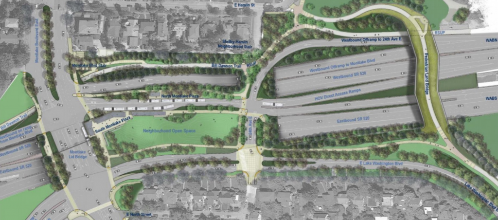 A rendering from above of Montlake Boulevard, the lid, and the new land bridge to the east