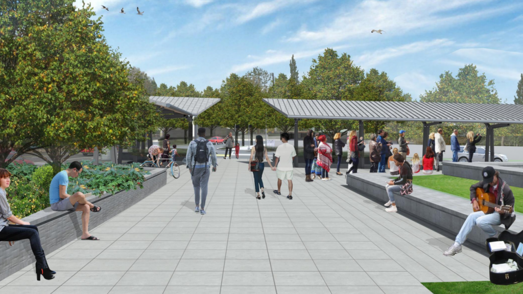 a rendering showing people milling and sitting, including a busker, at the new transit plaza