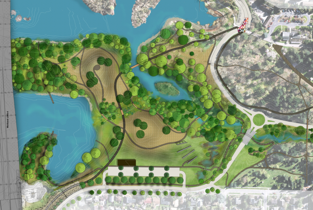 WSDOT peninsula is transformed into a park with paths, and a new roundabout and parking lot