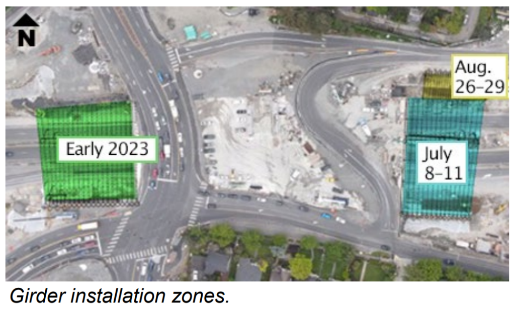 Satellite photo with annotations showing where giders will be installed and where they have already been, on the east side of the lid