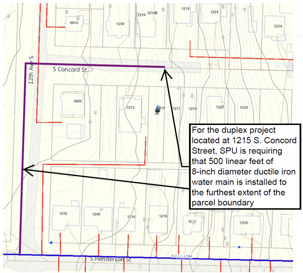 Required by SPU is 500 linear feet of water main installation as a condition of permit issuance for a duplex construction at 1215 S. Concord Street.  