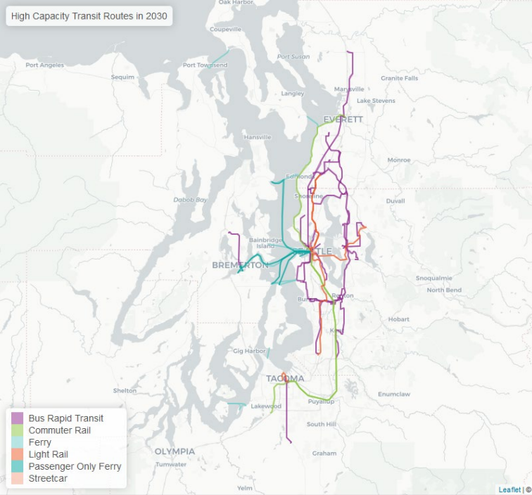 A map of the four county region with high capacity transit investments focused around Seattle and Bellevue