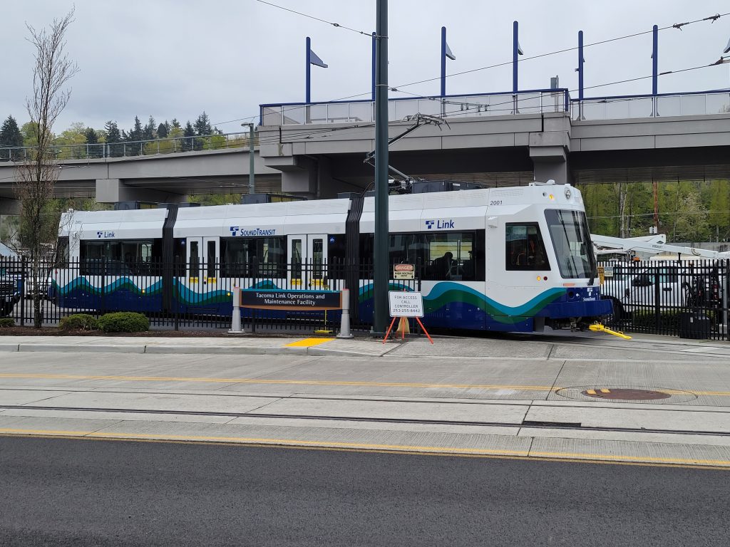 A link light rail car at the Tacoma Link Operations and Maintenance Facility