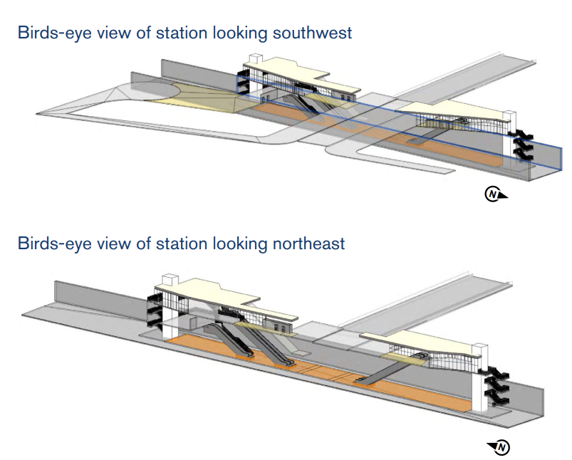 The rendering shows a retained cut station with elevators and escalators up to the surface on each side.