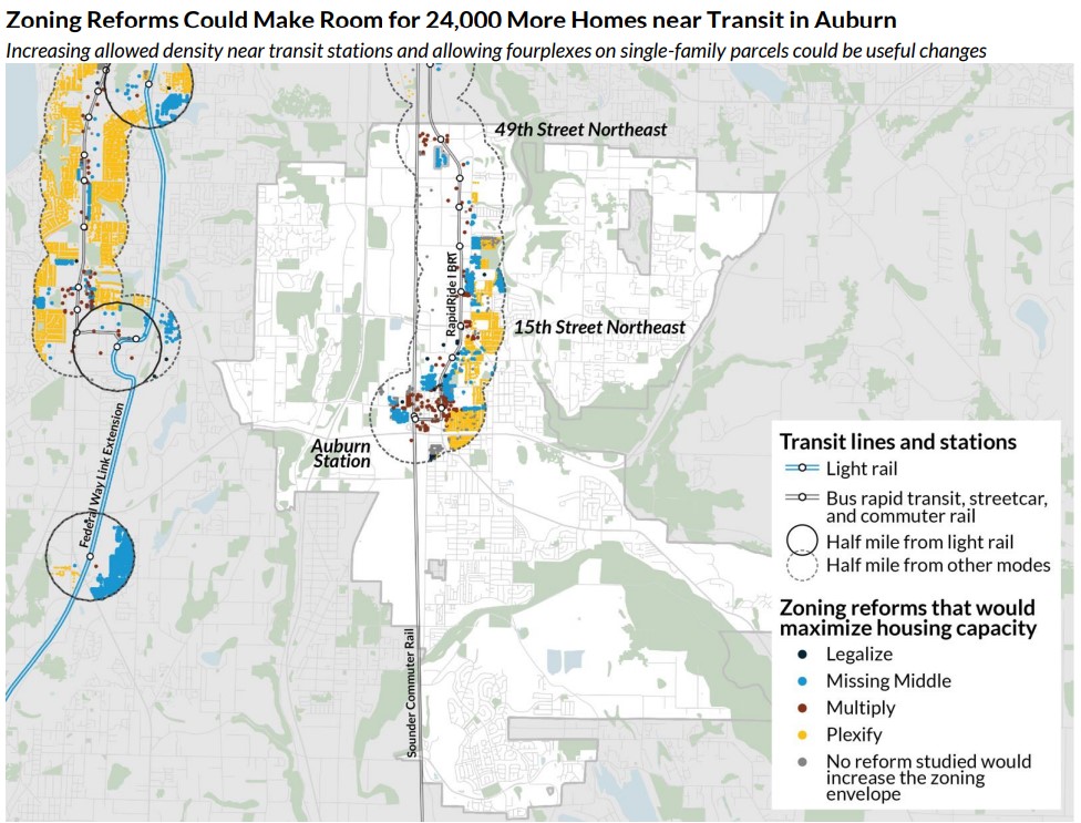 Auburn has a South Sounder train station and a BRT line along which zoning changes could be focused.