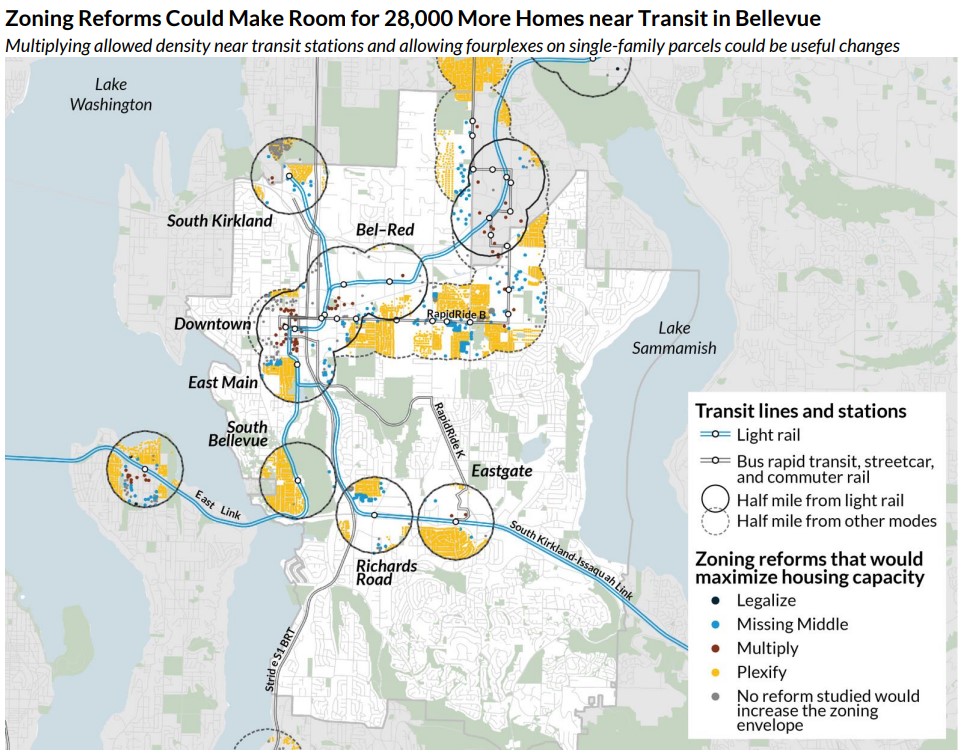 East Link will add seven stations with walksheds in Bellevue and Stride BRT will add more.