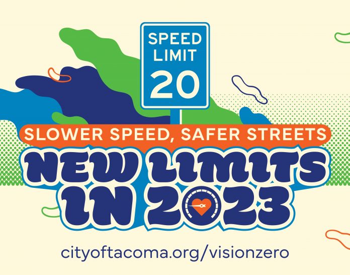 A flyer advertising the new 20 miles per hour speed limit in Tacoma in 2023