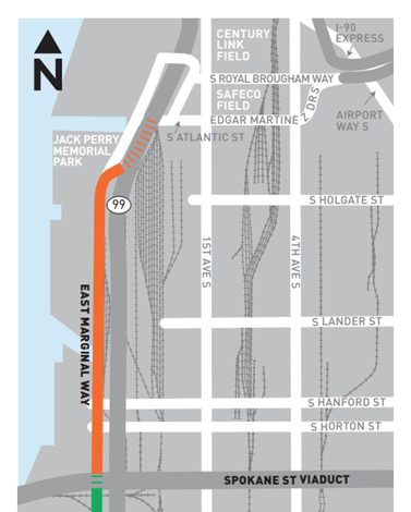 A map of East Marginal Way between Spokane Street and the Atlantic Street ramp for SR 99