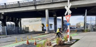 A railroad crossing sign marks the spot next to some shrubs.