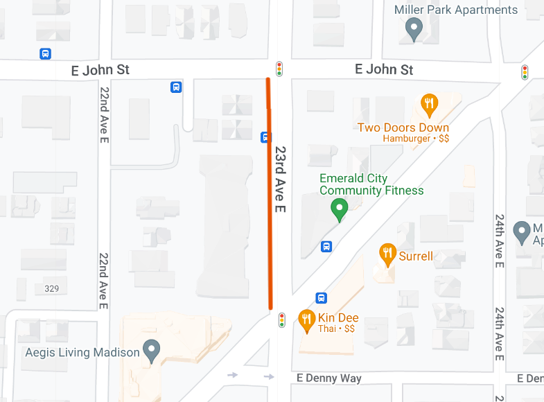 A map showing the stretch of 23rd ave E where a bus lane was considered