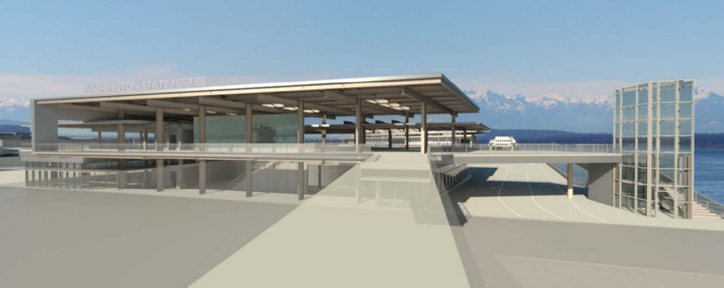 A 3D rendering shows a simple entry building, with raised letters on the roof reading Washington State Ferries