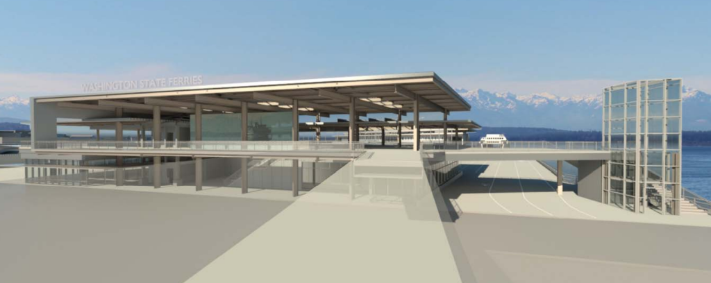 A 3D rendering shows a simple entry building, with raised letters on the roof reading Washington State Ferries