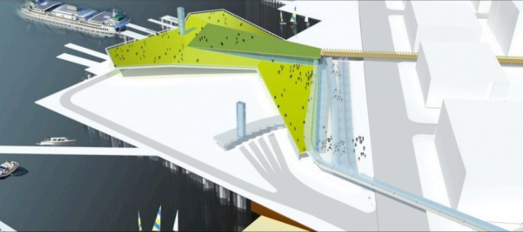 A simple rendering of a ferry terminal that has a roof, colored green, with tiny specks representing people on it