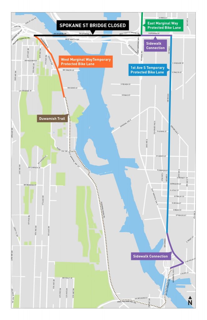 A map shows the closed Spokane Street bridge and the detour along 1st Ave S, W Marginal Way, and the sidewalks connecting the two