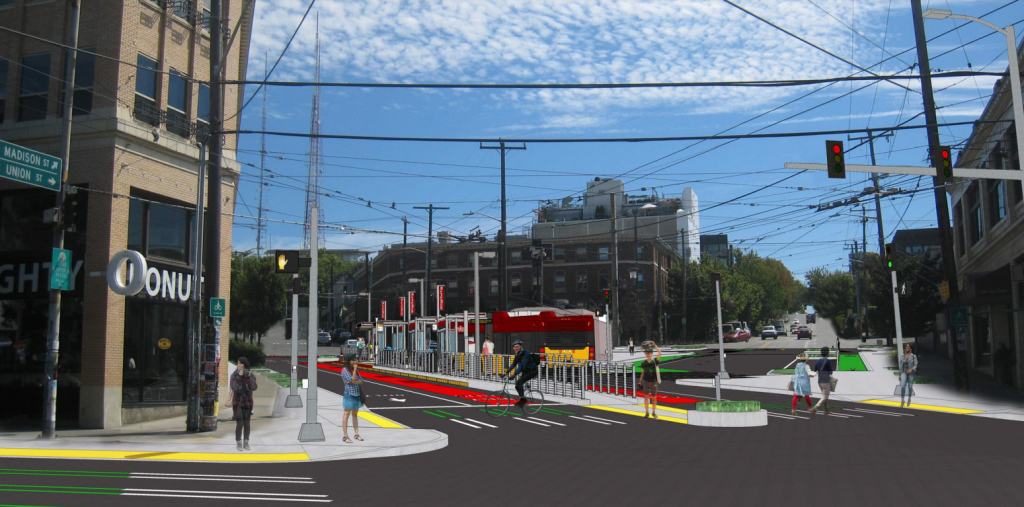 A rendering of a planned RapidRide station at Madison with a cyclist navigating through the crosswalk