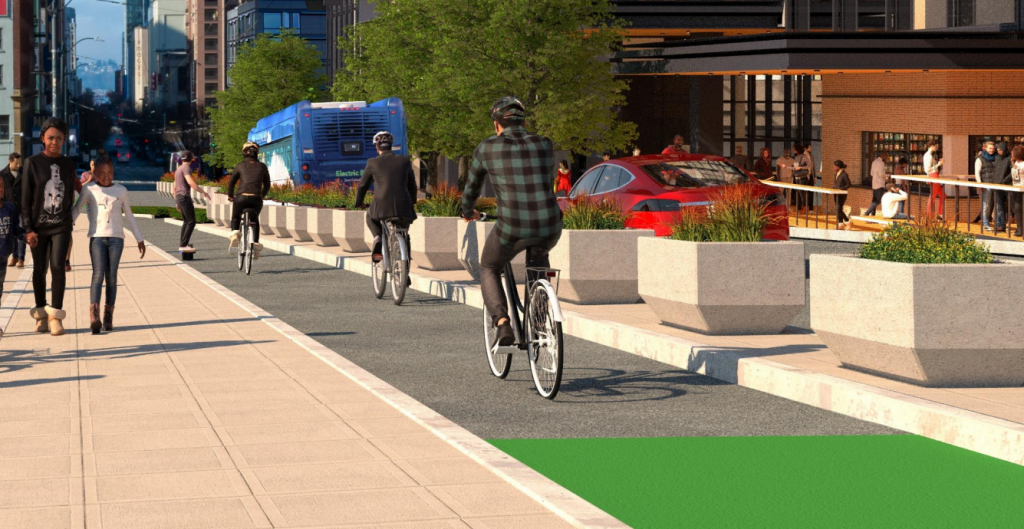 Rendering of cyclists using a bike lane to bike along Pine with people walking on a wider sidewalk