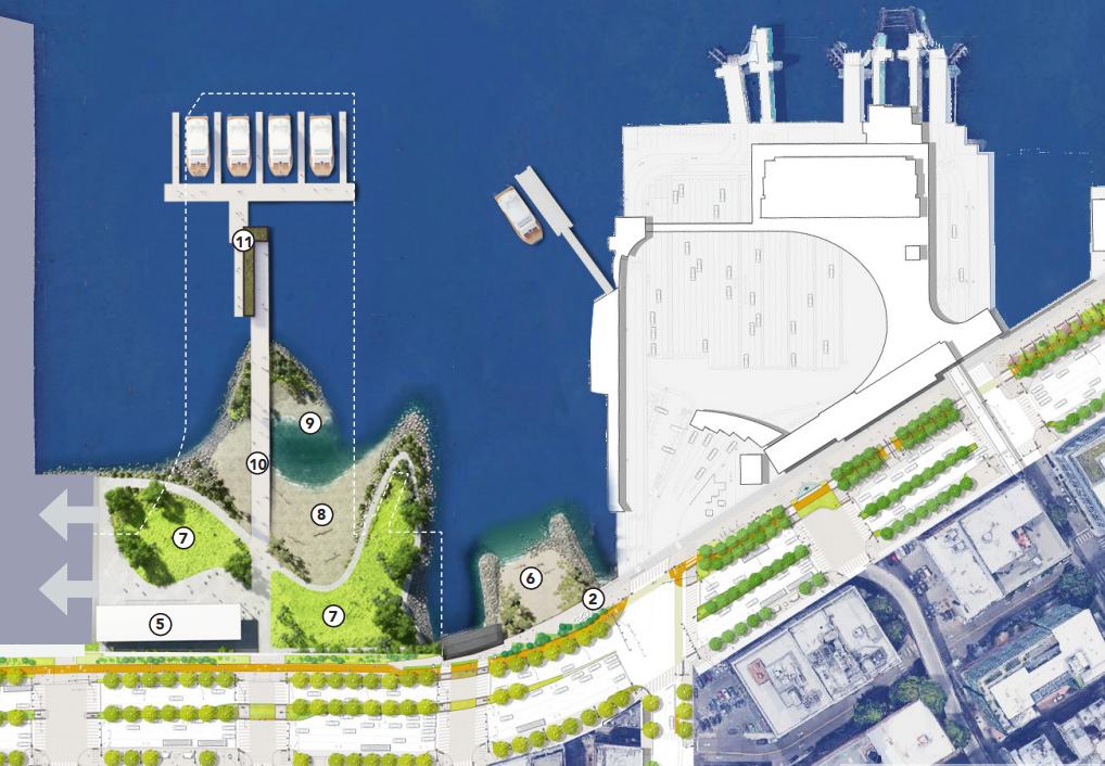 A bird's eye rendering of Pier 48 next to Colman Dock, with ferry slips and beaches