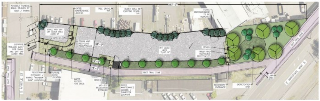 Blueprint showing a trail right of way and a dog park with plantings