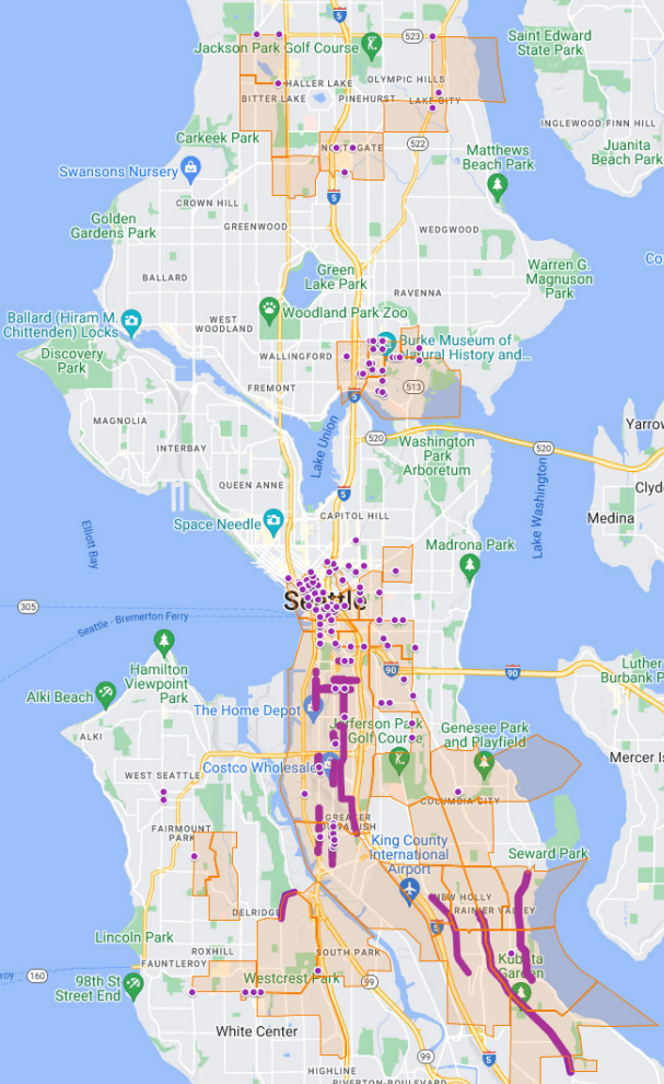 a map of Seattle with 117 dots showing intersection upgrades, corridor upgrades, and highlights showing census tracts of underserved communities