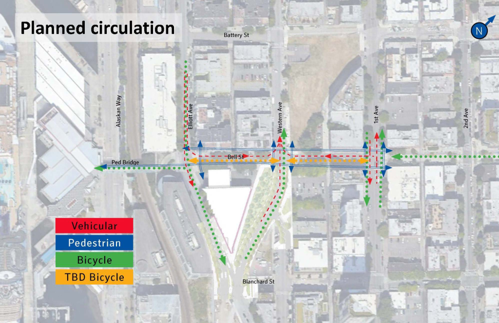 Satellite map showing how the Office of the Waterfront currently envisions Bell Street being used, with bike access TBD