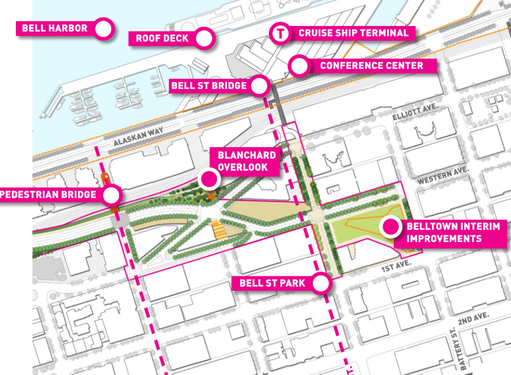 Planned amenities, many now scaled back or cancelled, in the Belltown area as part of the Waterfront redevelopment