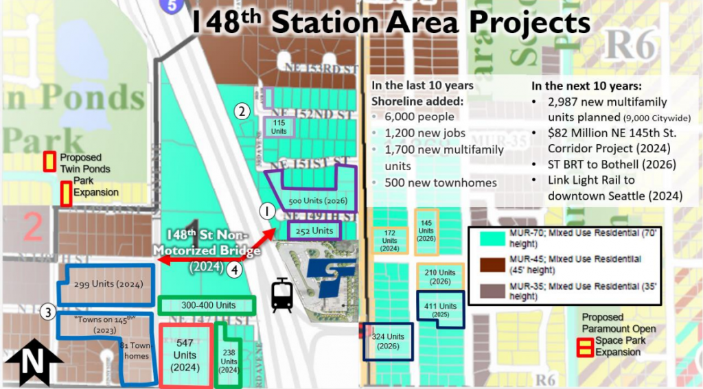 A colorful graphic showing parcels highlighted with housing units alongside park expansions and the new light rail station and pedestrian bridge