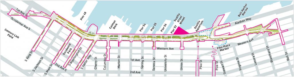 A map of the waterfront shows the piers, and Colman Dock ferry terminal, and expanded aquarium interconnected as a continuous waterfront park via a reconstructed Alaskan Way green boulevard. However, the road will be nine lines at its widest so may not feel as "green" in practice.