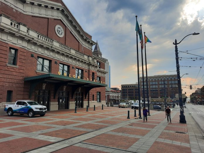 Union Station plaza entrance in Chinatown