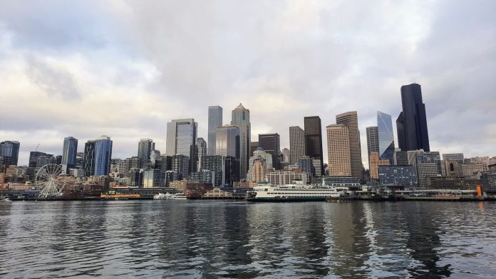 Looking across Elliott Bay at the Seattle downtown skyline.