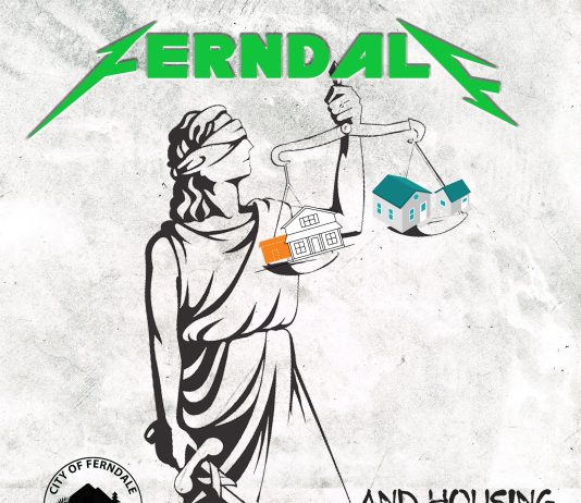 Housing Notes: Social Housing Leads, Coalition Urges Bolder One Seattle Plan, Affordable U District Highrise, and Ferndale ADUs Text reads Ferndale... and housing for all with the image of lady liberty from the Metallica album "And Justice for All"