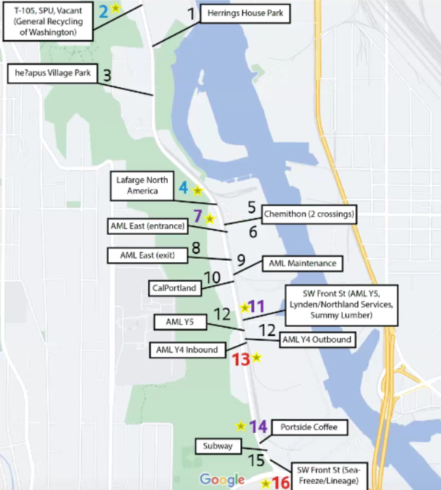 A map showing a bunch of driveways, mostly on the segment where there are no planned bike lanes