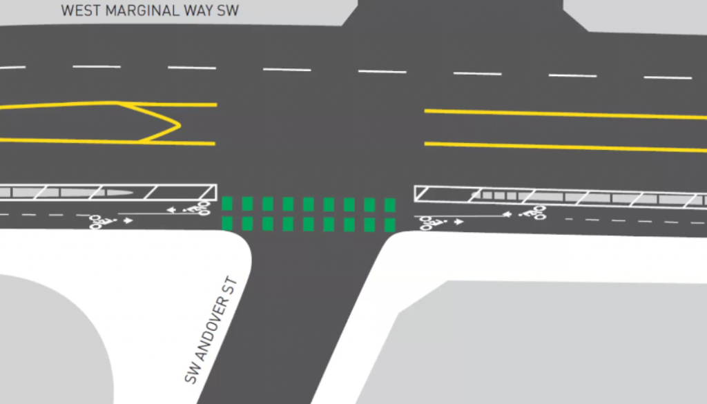 A narrow two-way cycle lane on a five-lane street