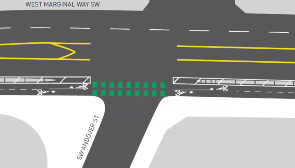 A narrow two way bike lane on a five lane street