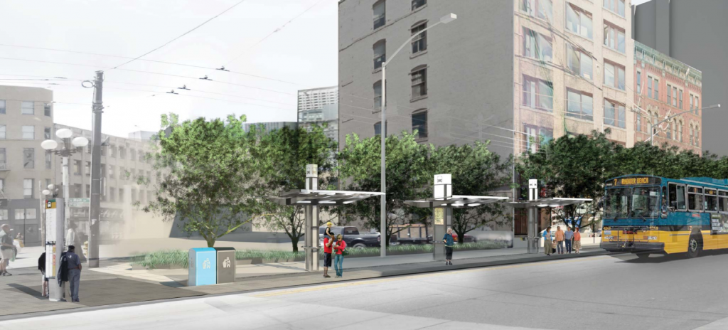 A rendering of the new bus stop with three new bus shelters and some garbage cans