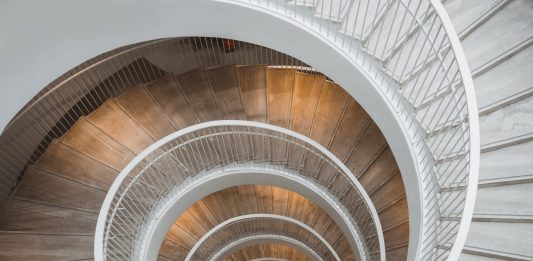 Looking down a circular staircase