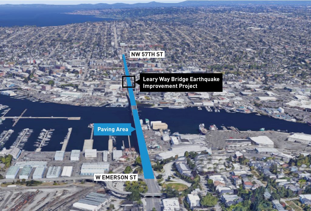 An aerial photo of the Ballard Bridge with the repaving area highlighted