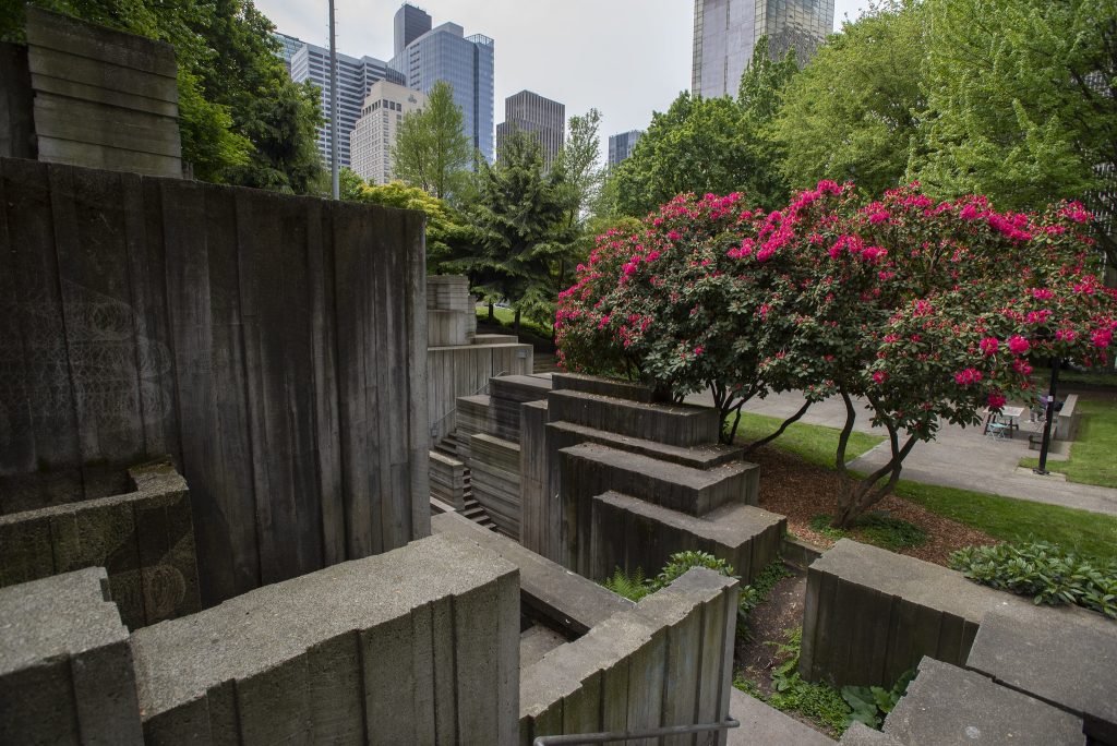 Cement stairs and geometric areas in the Jim Ellis Freeway Park which is a lid over I-5, downtown Seattle.