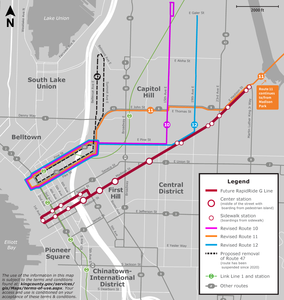 All route changes for Route 10, Route 11, Route 12, the removal of Route 47 and the Rapid Ride G combined into one map.