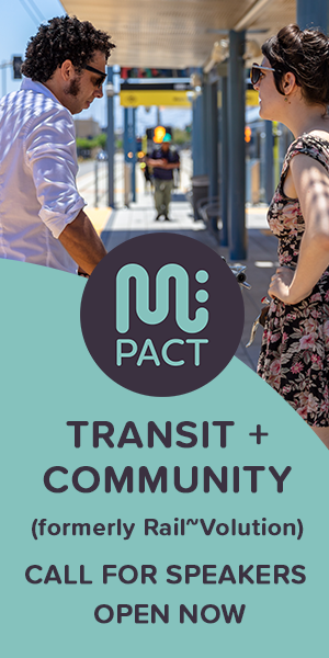 M:pact Transit + Community formerly Rail~Volution - Call for Speakers open now. Image: Two people wait on a train platform.