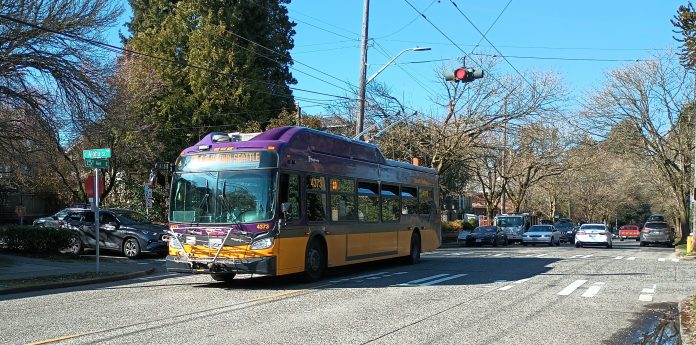 A trolley bus heading down 15th Ave E in Seattle