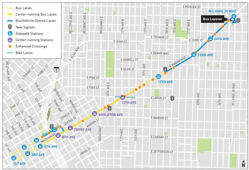 Map of the RapidRide G with stops and types of bus lanes