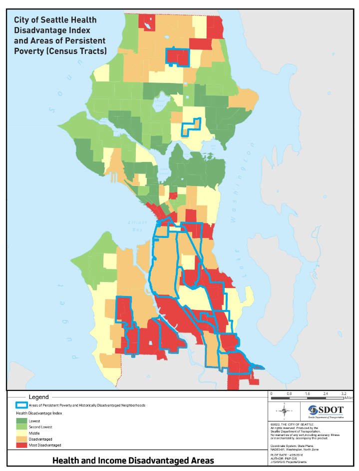 Map of Seattle with areas experiencing persistent poverty and health disparities