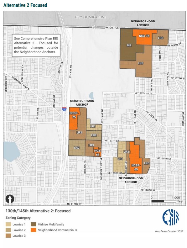 A map of zoning changes showing three distinct areas: one right by the 130th station and two along 15th Avenue NE.