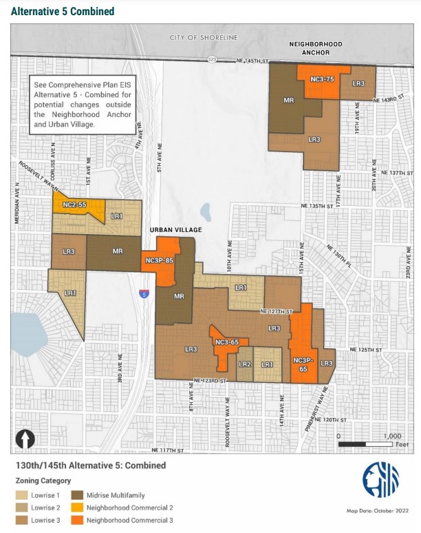 Zoning map for Alternative 5 showing a much larger area of zoning changes.